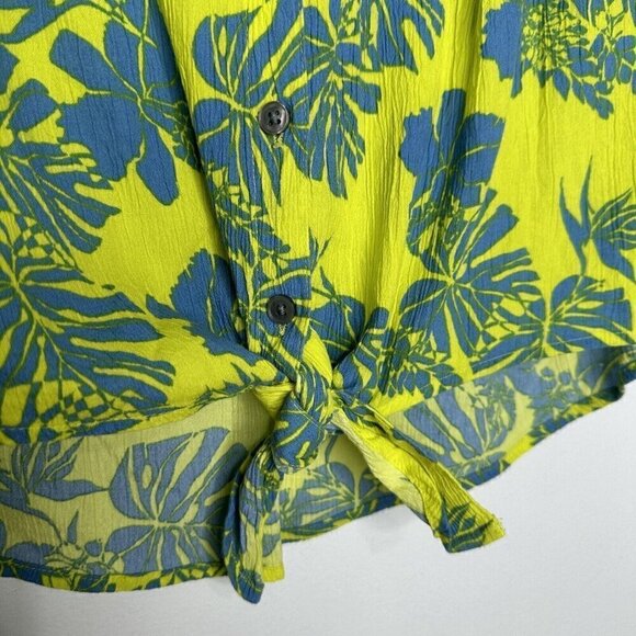 Style Co Shirt Button up Yellow Blue Floral Hawaiian Tropical Size L Tie Waist - Picture 4 of 10